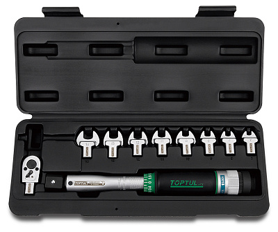 Ключ динамометрический 9x12мм 6-30 Нм с рожковыми насадками 7-14 мм 10 предметов TOPTUL GAAI1001